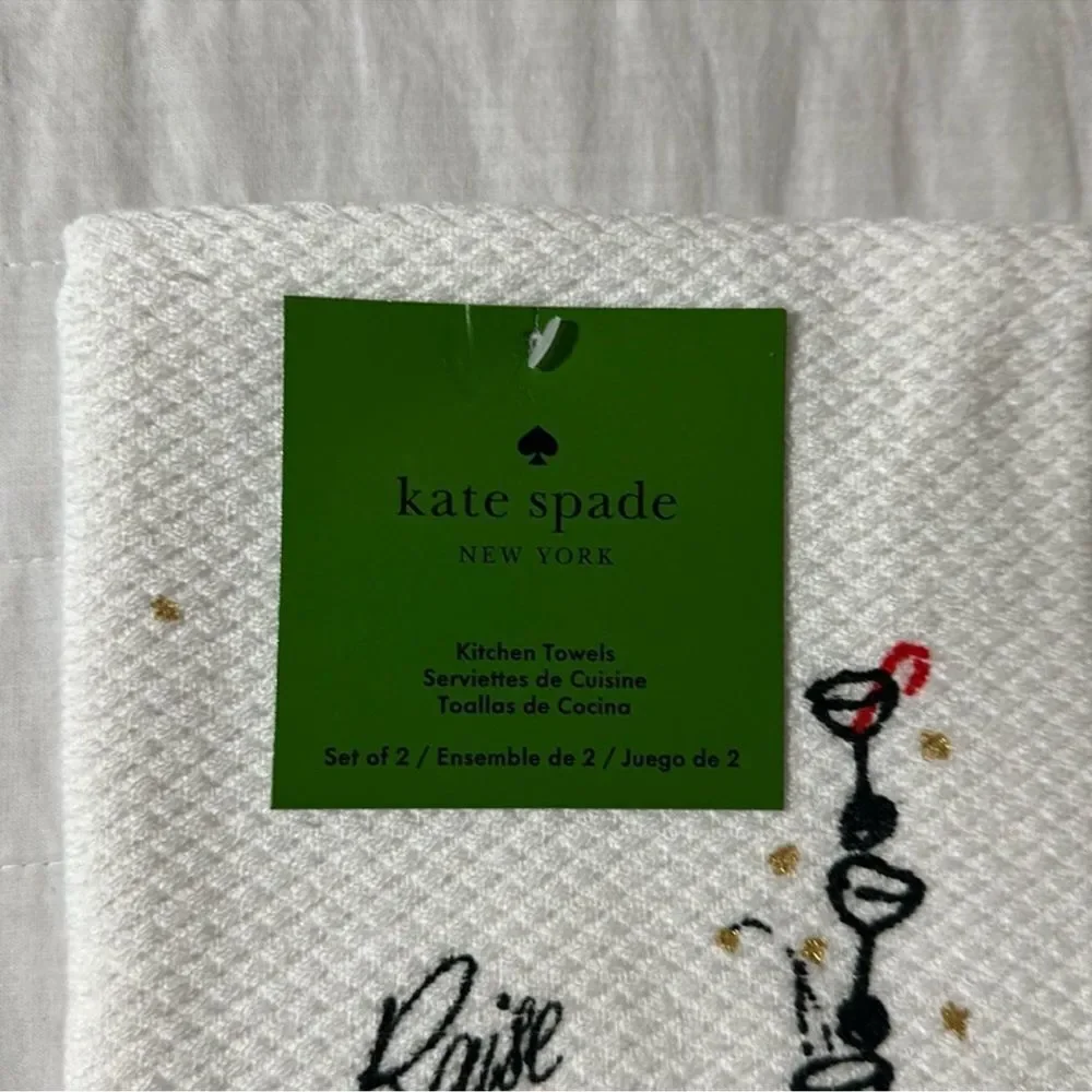 kate spade Jolly Santa Raise a Glass White Gold Red Cotton Kitchen 2 Towel Set